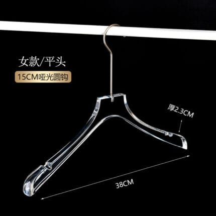 Transparent acrylic clothes hanger with chrome metal hook and clips