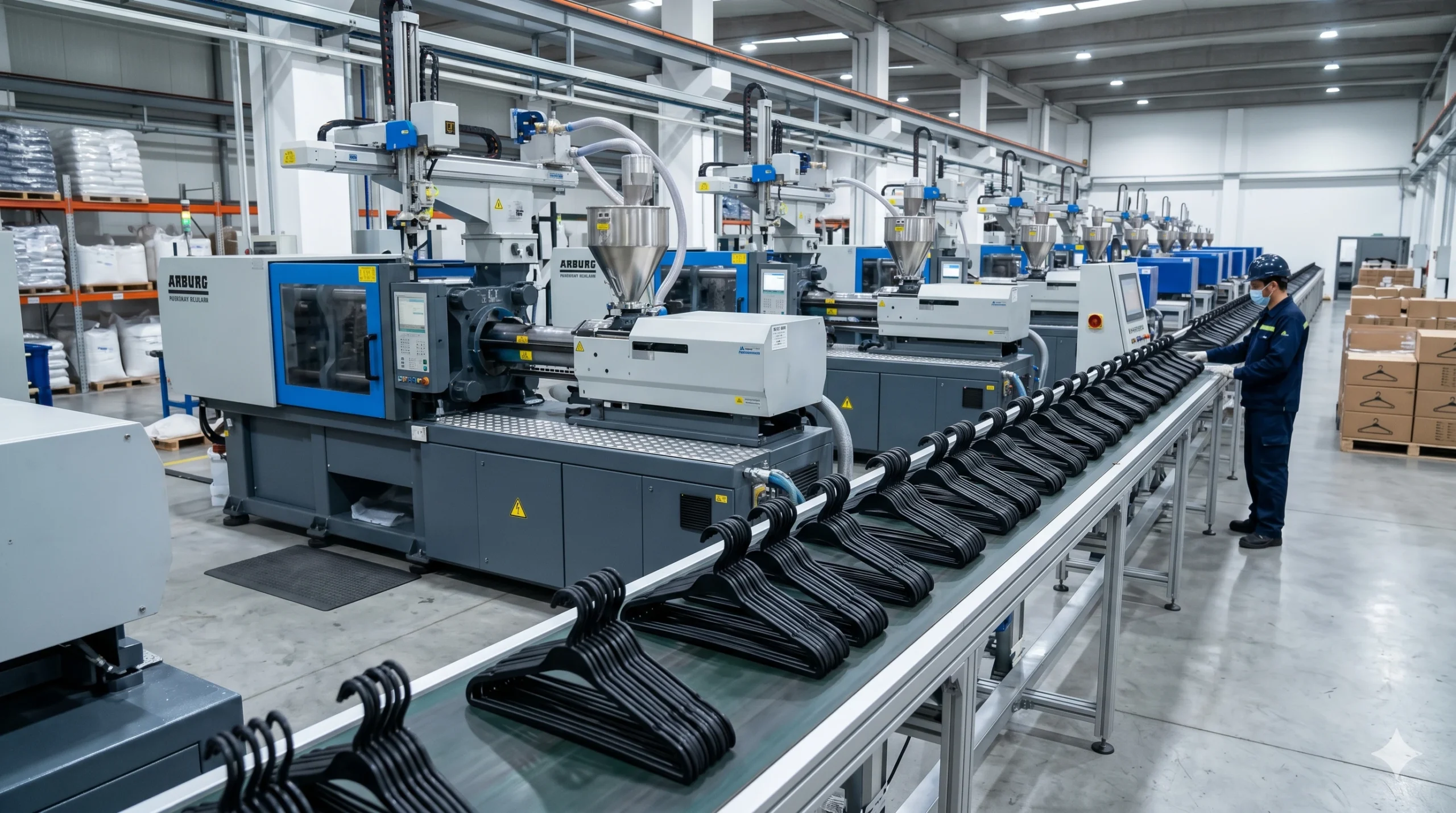 Mass production of custom clothes hangers in our advanced injection molding workshop