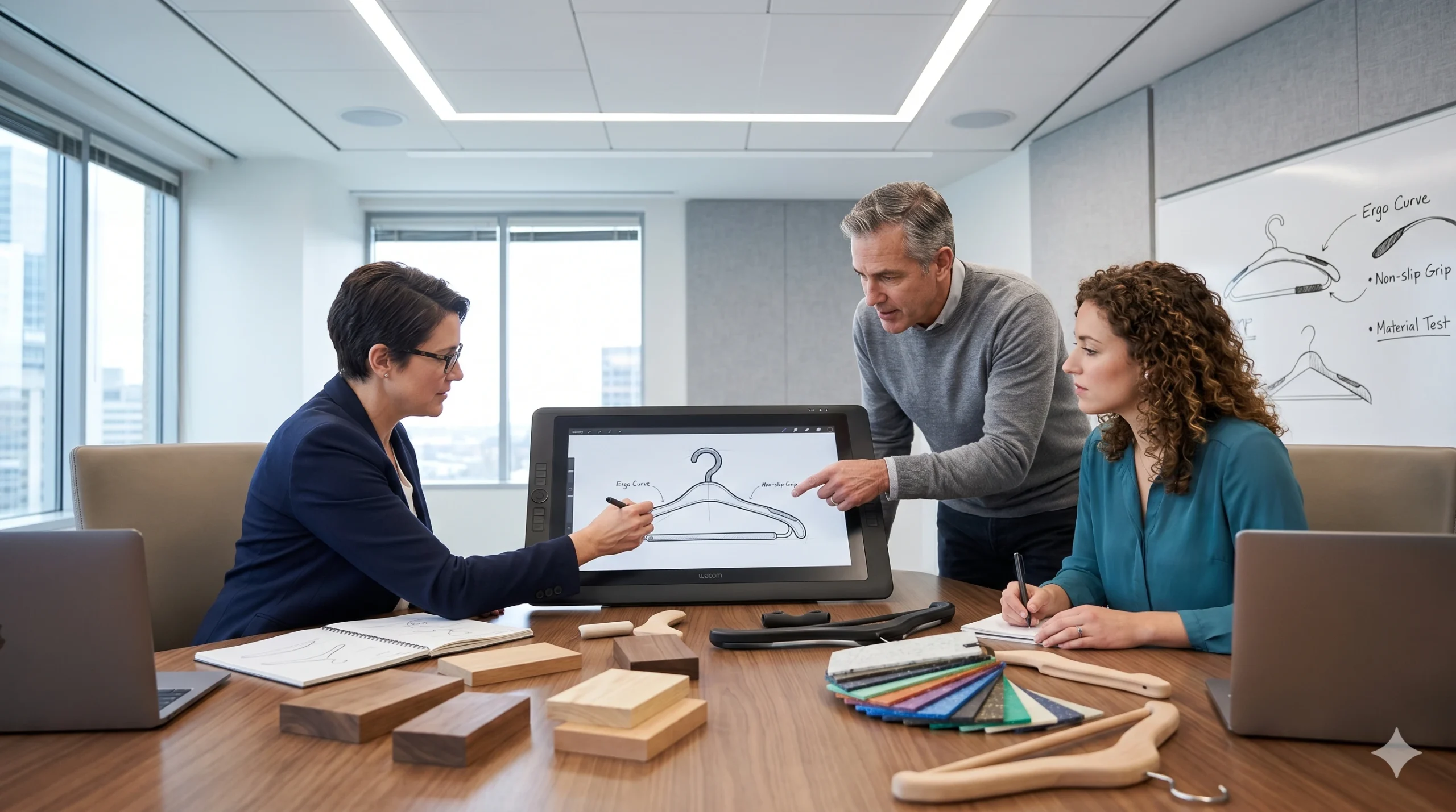 Expert R&D team discussing custom clothes hanger concepts for ODM projects