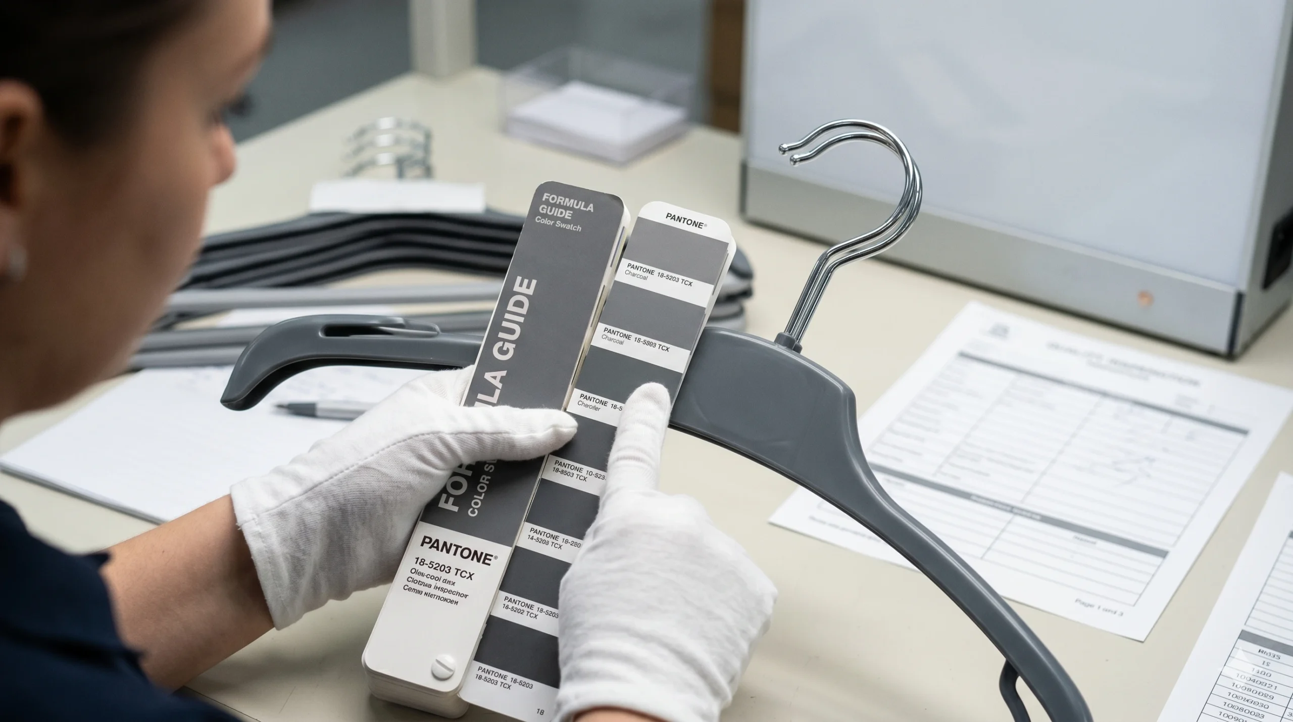 Inspector comparing custom clothes hanger sample with Pantone color swatch for OEM approval