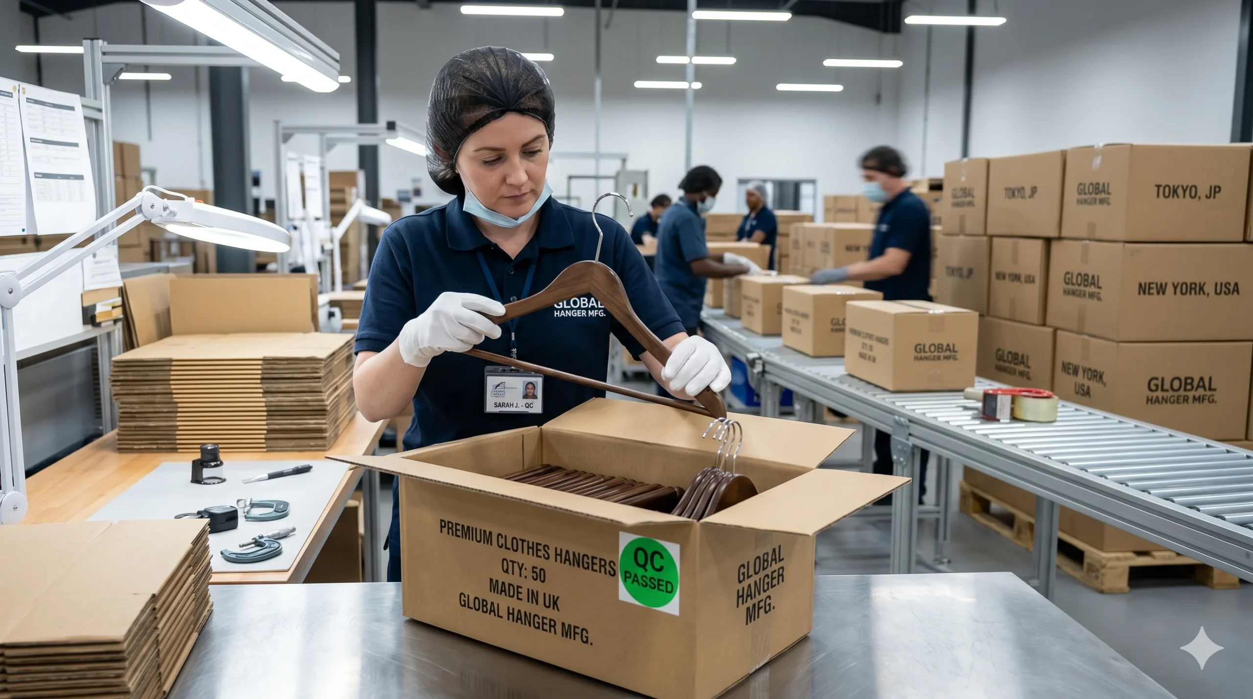 Strict quality control and secure packing of custom clothes hangers before global delivery
