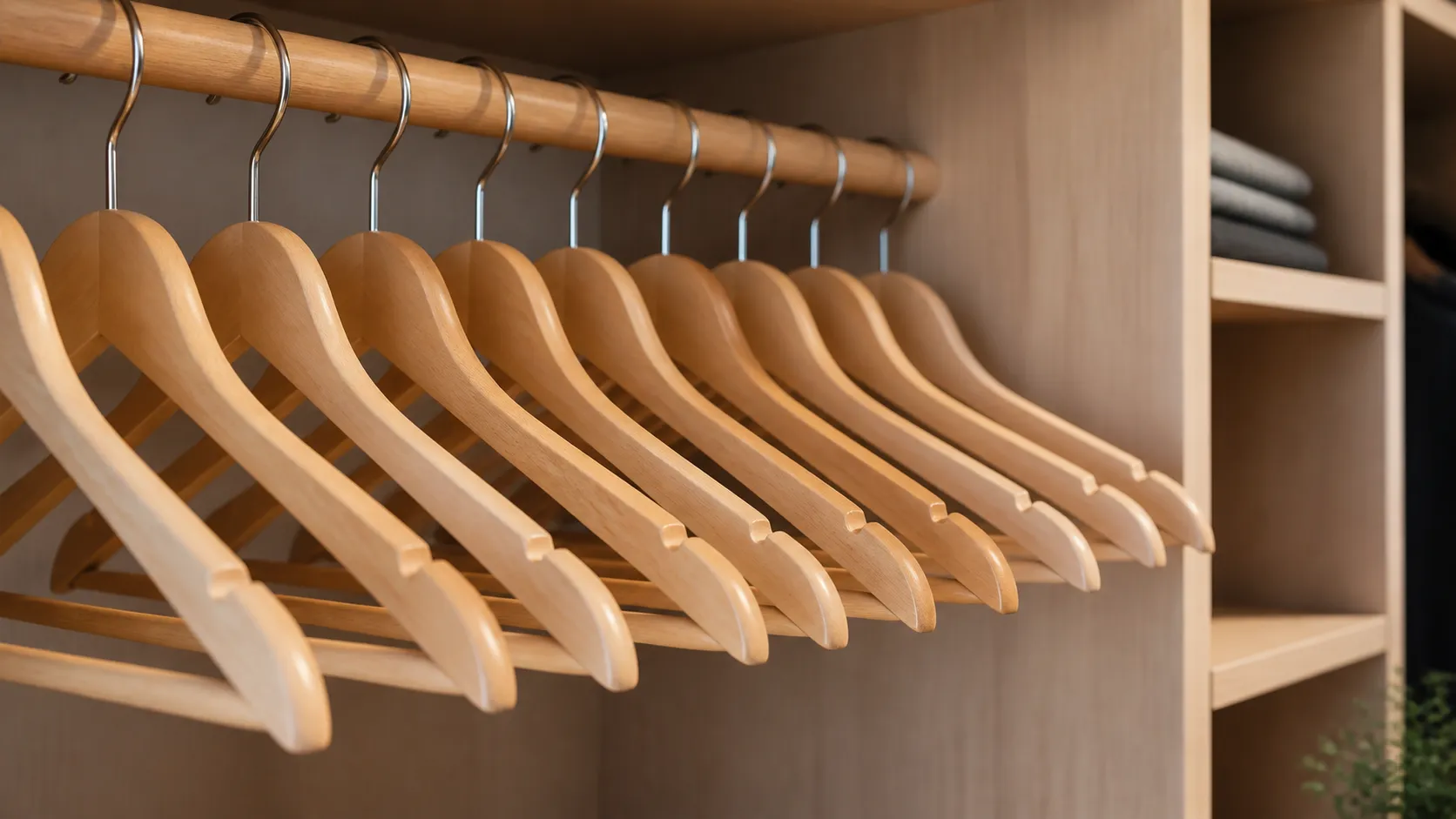 Wooden clothes hangers for bulk closet storage with smooth finish sturdy hooks and premium styles for shirts suits and coats