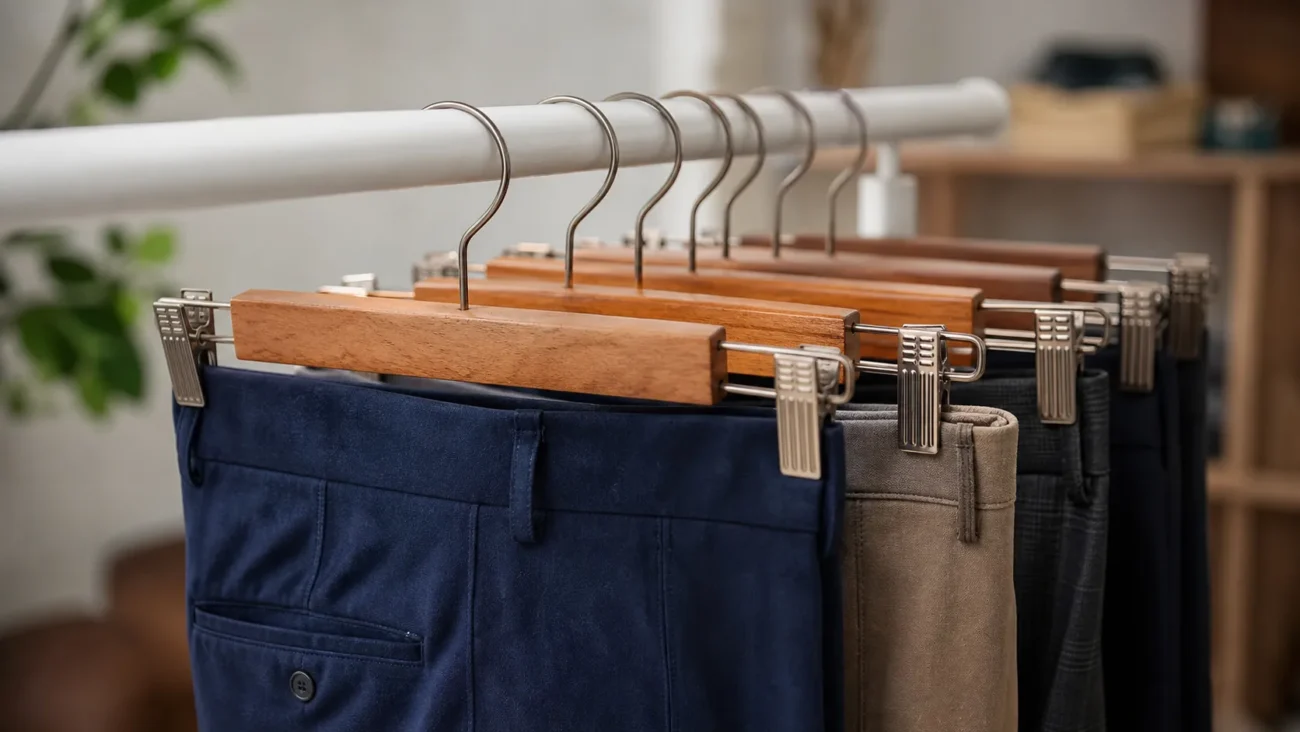 Wooden pant hangers with clips non slip bars and durable finishes for space saving closet organization and gentle fabric care