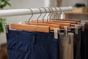 Wooden pant hangers with clips non slip bars and durable finishes for space saving closet organization and gentle fabric care