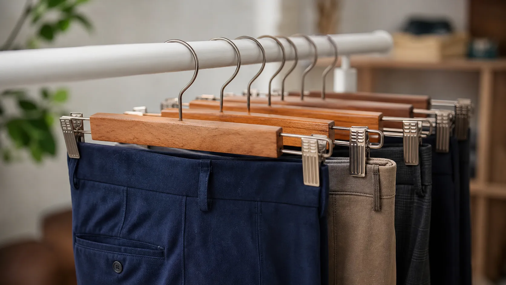 Wooden pant hangers with clips non slip bars and durable finishes for space saving closet organization and gentle fabric care
