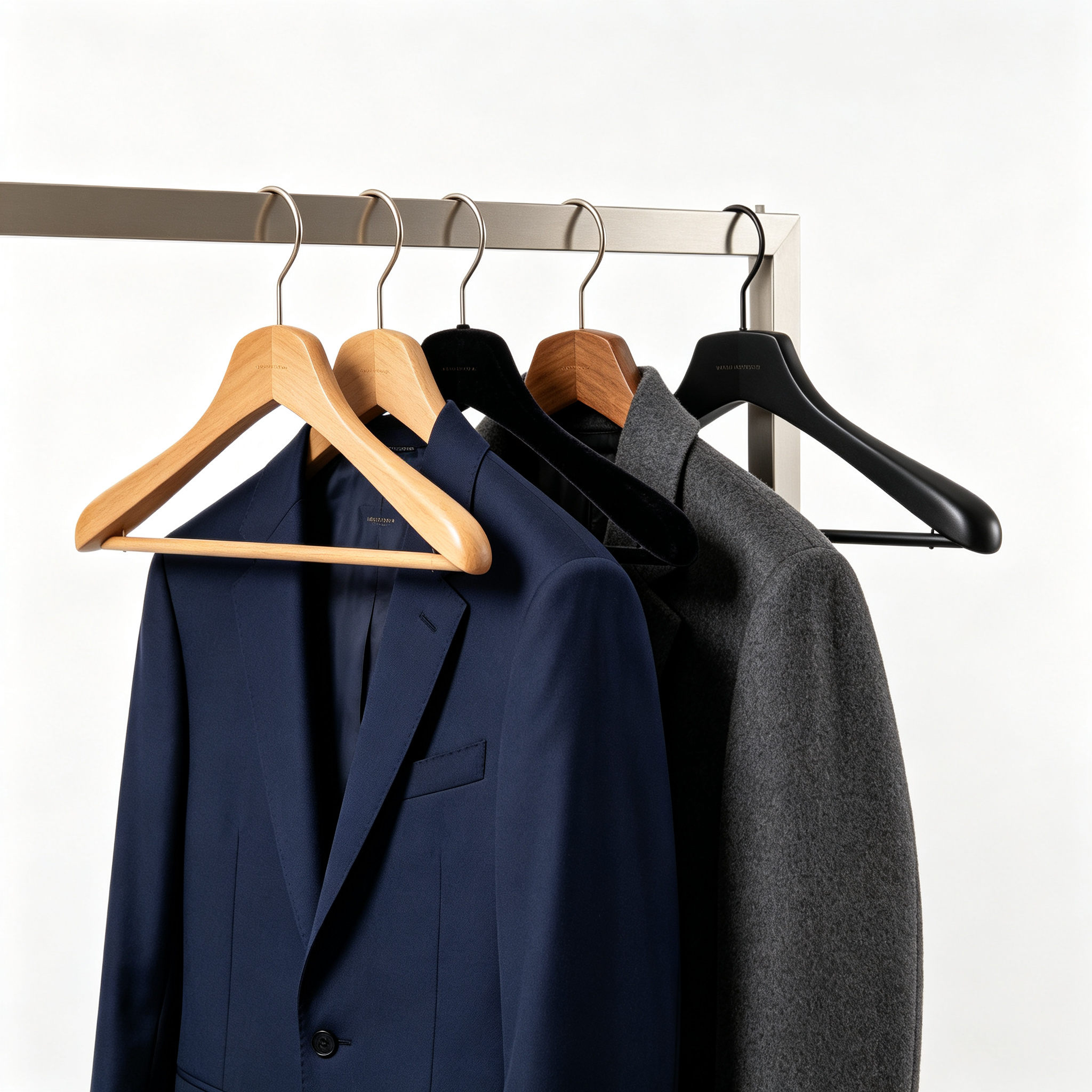 best hangers for suits - wood velvet and plastic wide shoulder hangers displaying suits and coats