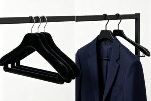 velvet vs plastic hangers - black velvet flocked hangers compared with black plastic wide shoulder hangers