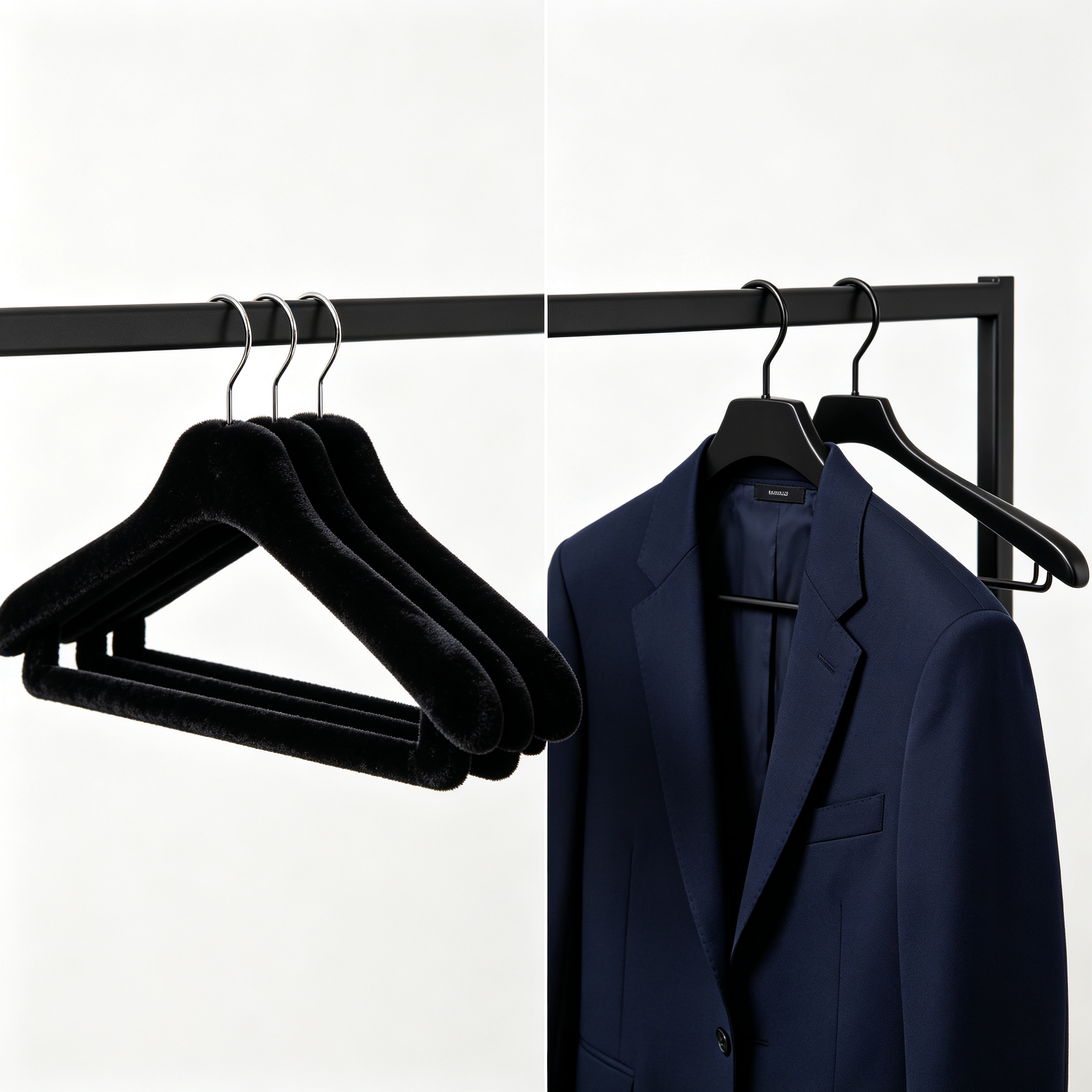 velvet vs plastic hangers - black velvet flocked hangers compared with black plastic wide shoulder hangers