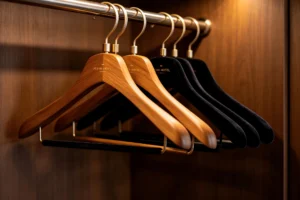 best hangers for hotels - luxury hotel closet with wooden anti-theft and velvet hangers