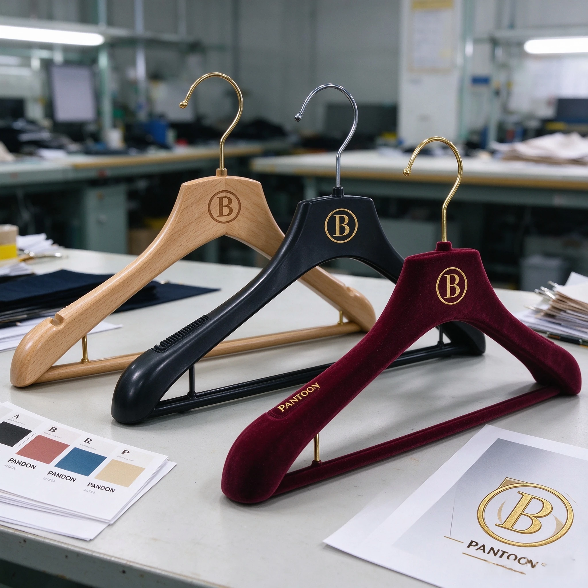 custom clothes hangers OEM ODM - factory samples with branded logos in multiple colors