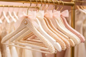 pearl hangers with chiffon bows - boutique and bridal display