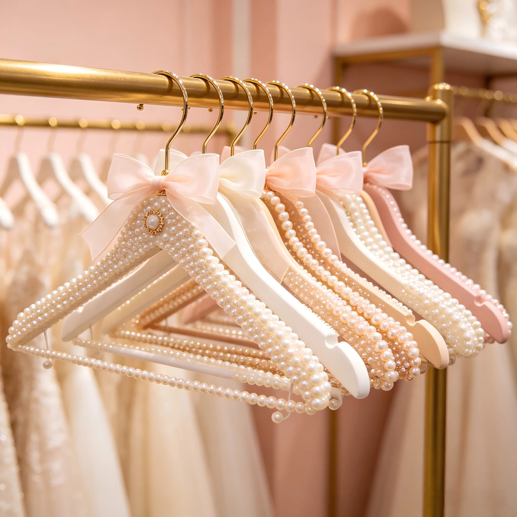 pearl hangers with chiffon bows - boutique and bridal display