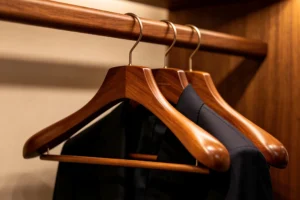 wooden clothes hangers for suits and hotels - polished wooden hangers on a walnut display rack