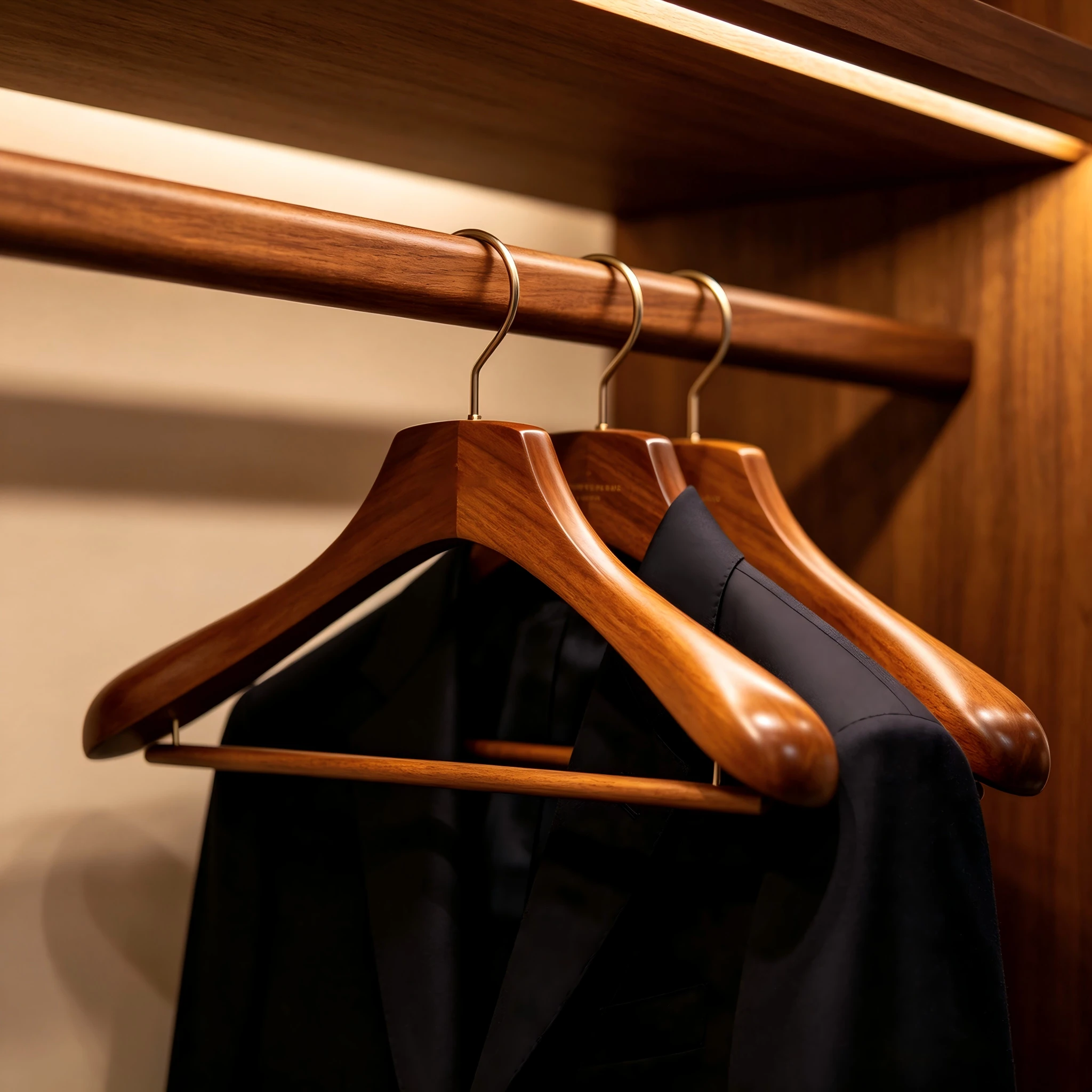 wooden clothes hangers for suits and hotels - polished wooden hangers on a walnut display rack