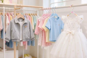 kids clothes hangers - colorful plastic and wooden children's hangers with kids clothing in a bright store