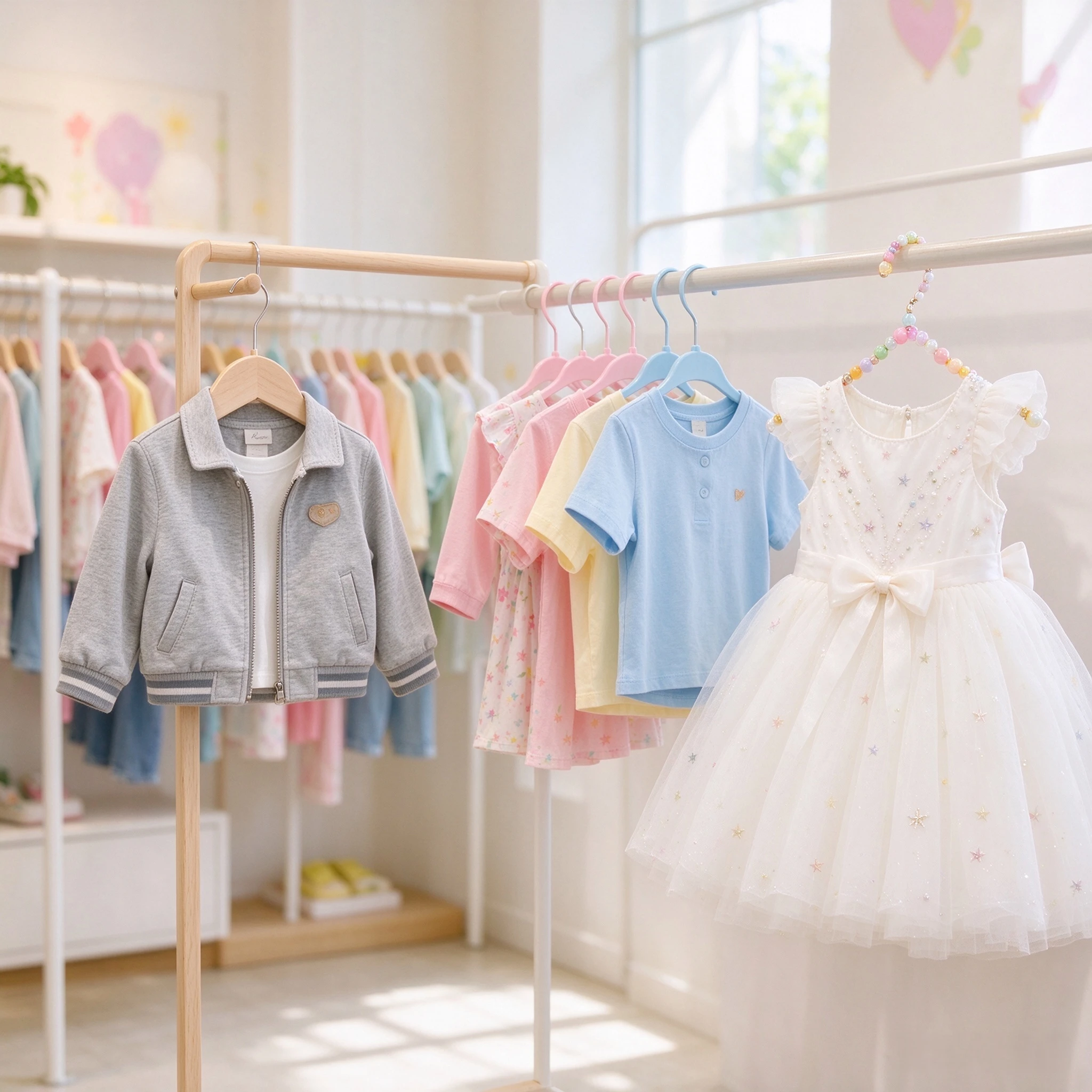 kids clothes hangers - colorful plastic and wooden children's hangers with kids clothing in a bright store