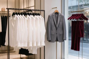 best hangers for retail stores - coordinated display of plastic, wooden and velvet hangers in a boutique