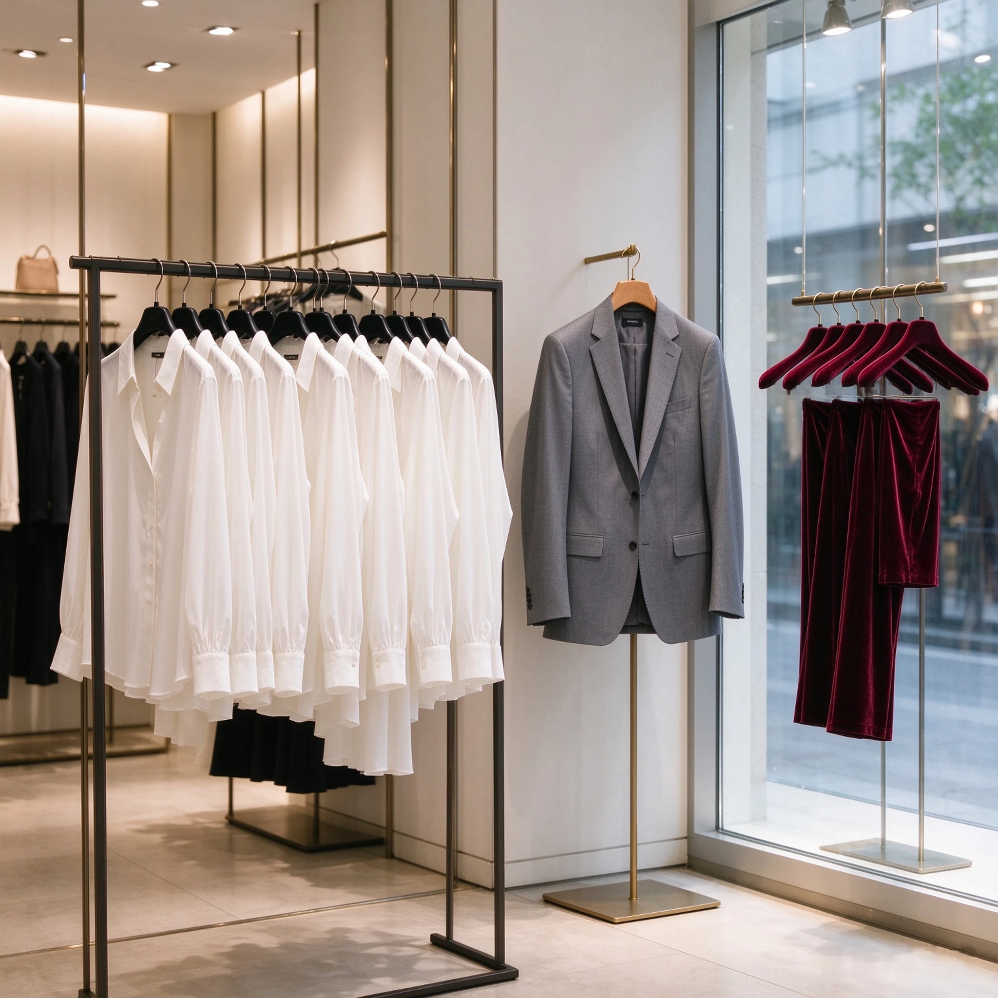 best hangers for retail stores - coordinated display of plastic, wooden and velvet hangers in a boutique